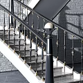 Elegant Staircase With White Steps Black Gold Railings Lamp Topped Posts And Gray Brick Wall