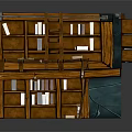 Vintage Indoor Corner Interior With Wooden Bookshelves Books Ladder And Blue Carpet