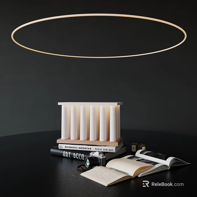 Modern Minimalist Table Lamp With White Column Design On Black Desk And Stacked Books 3d model 