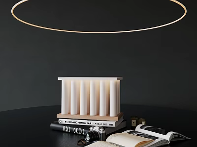 Modern Minimalist Table Lamp With White Column Design On Black Desk And Stacked Books 3d model