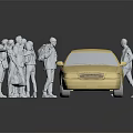 Yellow Sedan Car Surrounded by Standing People Figures in Model 3d model