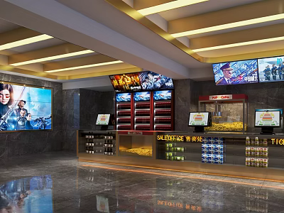 Modern Cinema Lobby With Multiple Screens Showing Movie Posters Ticket Counters And Snack Bar 3d model