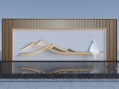 Modern Feature Wall With Golden Frame Mountain Pattern White Figure Silhouette And Water Reflection 3d model