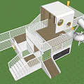 Modern Kids Playground Equipment with Slide Climbing Net and Wooden Elements on Grass