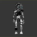 Metallic Humanoid Robot Character With Silver Black Body And Green Glowing Eyes