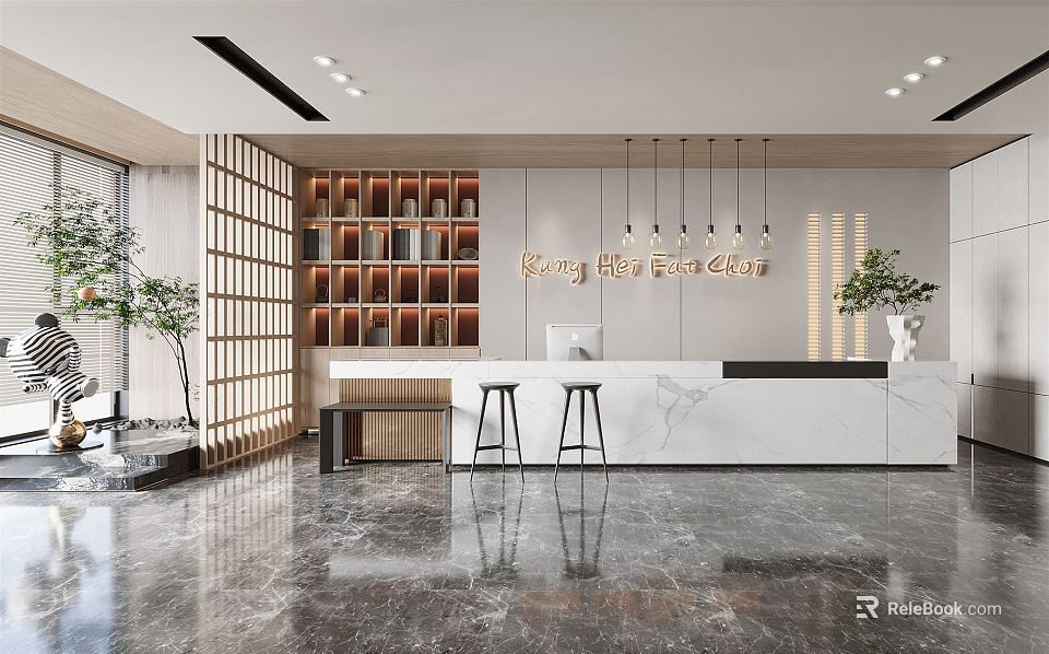 Modern Front Desk Reception Area With Marble Counter Wooden Shelves Pendant Lights And Green Plants 3d model 