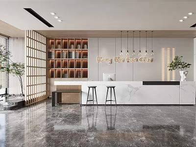 Modern Front Desk Reception Area With Marble Counter Wooden Shelves Pendant Lights And Green Plants 3d model