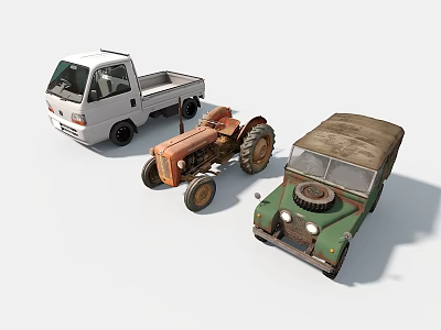 Vintage White Pickup Truck Orange Tractor and Green Land Rover 3d model