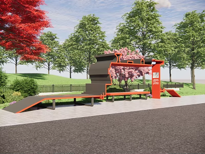 Outdoor Chair In Skate Park Setting With Red Maple Cherry Blossom Trees And Grass 3d model