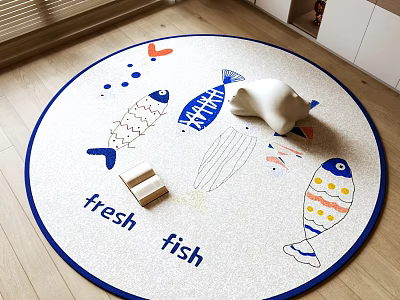 Vibrant Round Carpet With Fish Patterns And Fresh Fish Text 3d model