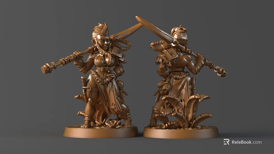 Two Female Warrior Sculptures With Detailed Armor Weapons And Bronze Decorative Pedestal Base 3d model 