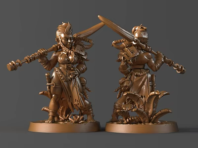 Two Female Warrior Sculptures With Detailed Armor Weapons And Bronze Decorative Pedestal Base 3d model