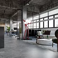 Modern Industrial Office Front Desk Reception With Black Counter Wooden Wall And Large Windows