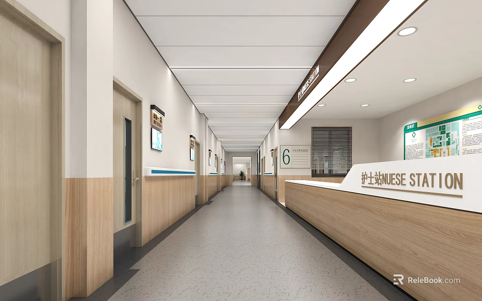 Hospital Outpatient Clinic Corridor Interior Design with Nurse Station and Consulting Room 3d model 