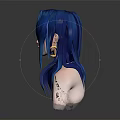 Blue Haired Female Character With Pink Eyes Golden Earrings Choker And Bust Portrait