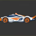 Streamlined Blue White and Orange Race Car with Orange Wheels and Rear Wing