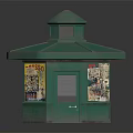 Green Octagonal Kiosk with Sloped Roof and Poster Covered Windows