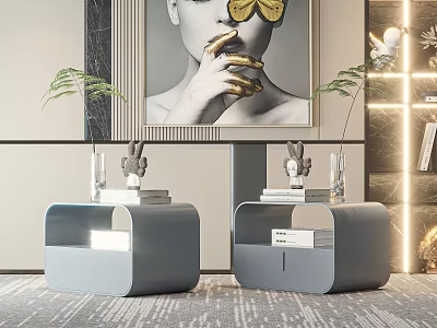 Modern Gray Bedside Tables With Books Decorative Sculptures Vases And Plants In Modern Interior Lighting 3d model