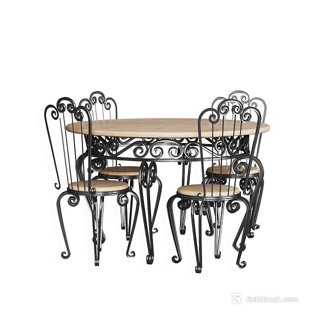 Classic Round Wooden Table And Black Metal Chairs Set With Curved Design And Wooden Seats 3d model 