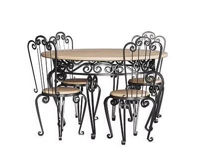 Classic Round Wooden Table And Black Metal Chairs Set With Curved Design And Wooden Seats 3d model