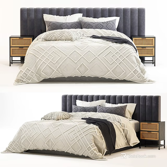 Modern Double Bed Interior with Dark Gray Headboard Cream Diamond Bedspread and Nightstands 3d model 