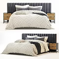 Modern Double Bed Interior with Dark Gray Headboard Cream Diamond Bedspread and Nightstands 3d model