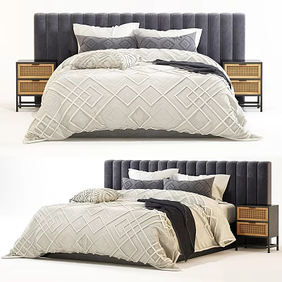Modern Double Bed Interior with Dark Gray Headboard Cream Diamond Bedspread and Nightstands 3d model