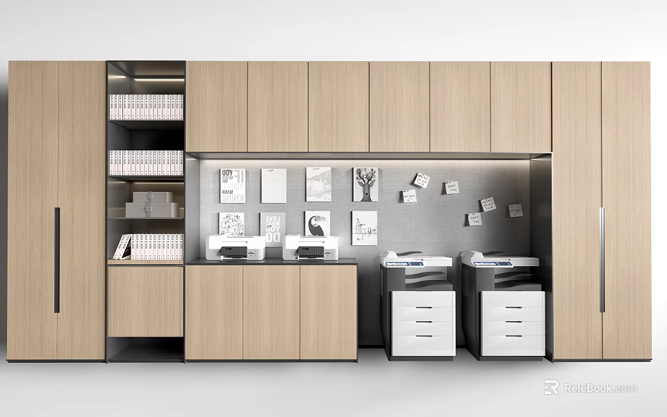 Modern Tea Room With Wooden Cabinets Shelves Printers And Wall Mounted Notices 3d model 