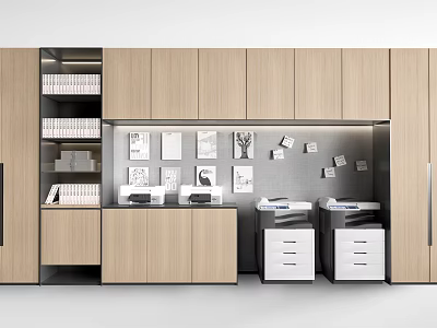 Modern Tea Room With Wooden Cabinets Shelves Printers And Wall Mounted Notices 3d model