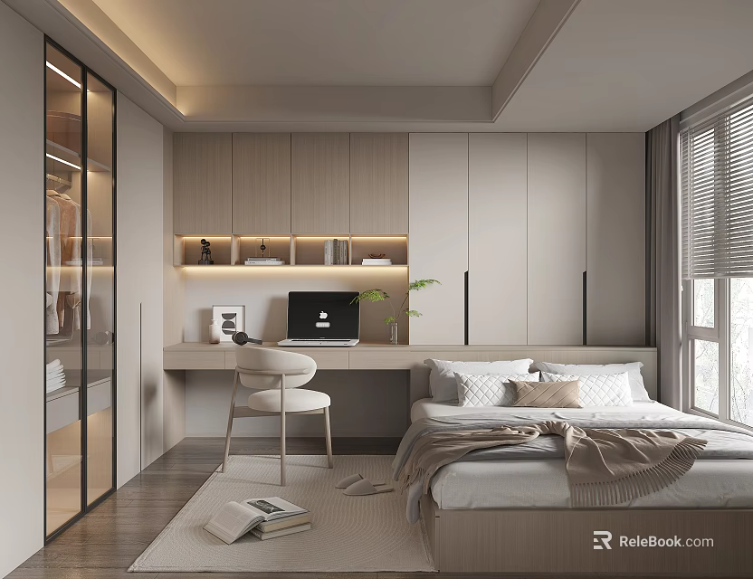 Modern Tatami Bedroom Interior With Desk Chair Bookshelf And Storage Cabinets 3d model 