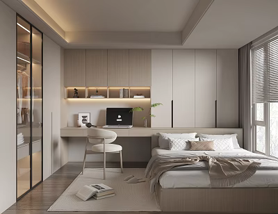 Modern Tatami Bedroom Interior With Desk Chair Bookshelf And Storage Cabinets 3d model