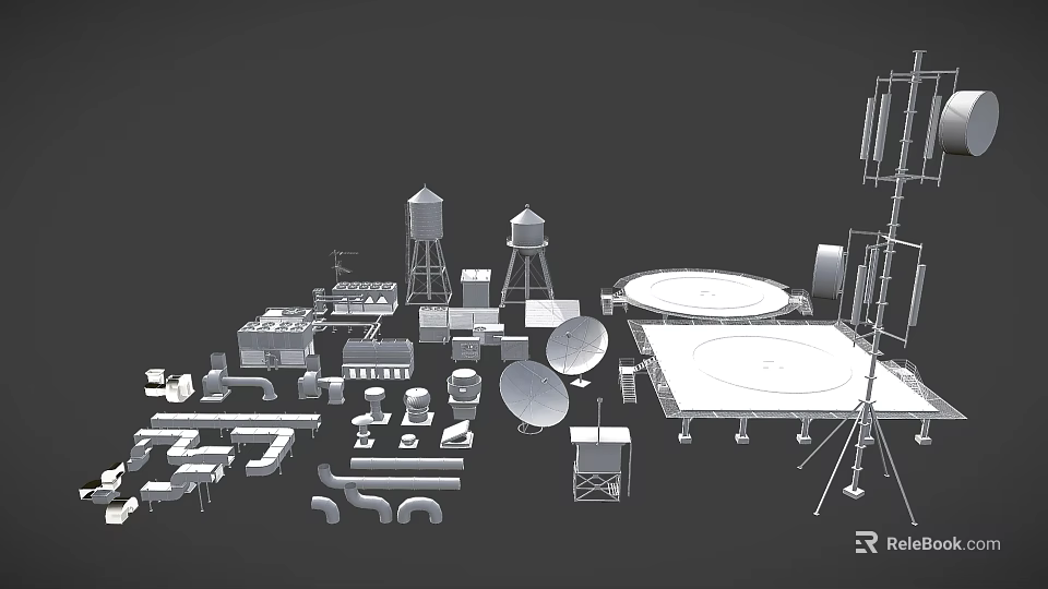 Industrial Equipment 3D Models Including Water Towers Satellite Dishes Pipes Communication Towers Platforms and Components 3d model 