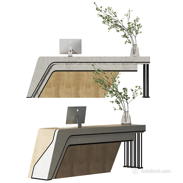 Modern Reception Desk Design With Wood Stone Material Computer Monitor And Potted Plants 3d model 