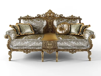 Ornate European Style Two Seater Sofa With Gold Carvings Patterned Fabric And Decorative Pillows 3d model