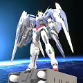 White Blue Red Gundam Model With Large Wings Standing Over Earth In Space