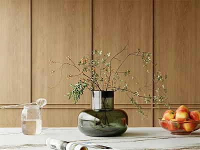 Green Glass Vase with Floral Branches on White Table Wooden Wall Background 3d model
