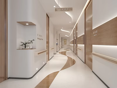 Modern Elegant Elevator Hallway Interior With Wooden White Decor Light Strips Green Plants And Signage 3d model