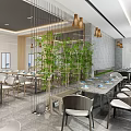 Spacious Restaurant Interior With Stone Walls Wooden Columns Light Tables Chairs And Green Plants