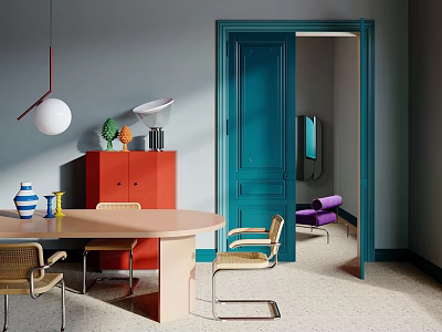 Stylish Living Room Interior With Teal Door Round Wooden Table Wicker Chairs And Purple Sofa 3d model
