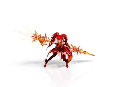Woman in Red and Orange Outfit with Twin Ponytails Holding Flaming Weapons in Battle Stance 3d model