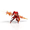 Woman in Red and Orange Outfit with Twin Ponytails Holding Flaming Weapons in Battle Stance