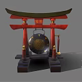 Traditional Chinese Memorial Archway Red Wooden Structure With Golden Decorations And Hanging Bell