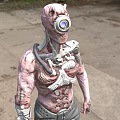 Biomechanical Cyborg With Mechanical Biological Features Holding Weapon In Ruined Urban Setting