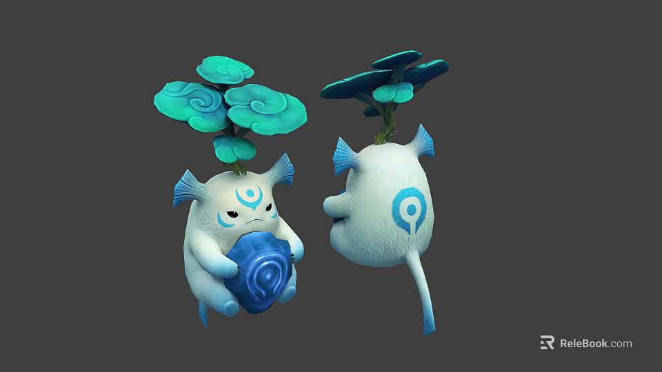 Cute Blue And White Cartoon Creatures With Cloud Like Top And Blue Symbols 3d model 