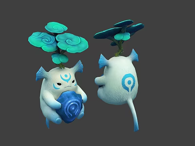 Cute Blue And White Cartoon Creatures With Cloud Like Top And Blue Symbols 3d model