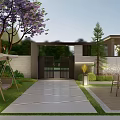Modern Garden Wall Design In Outdoor Dining Area With Greenery And Purple Trees
