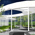 Modern Garden Landscape Design With Curved White Structure Blue Pool And Lush Greenery
