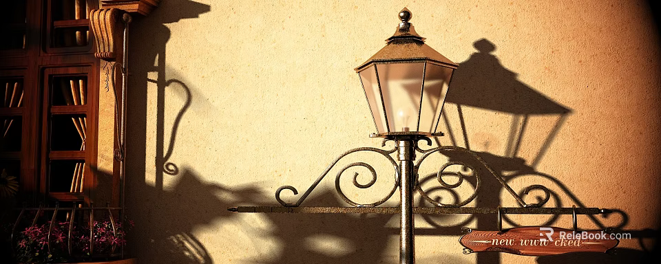 Vintage Outdoor Lamp With Ornate Metal Scroll Design And Glass Shade Casting Shadow On Wall 3d model 