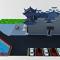 Ancient Chinese Architecture With Curved Eaves Blue Plaque Red Pillars Car Railings And Green Grass