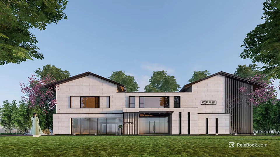 Modern Homestay Building Exterior With Stone Walls Lawn And Large Windows 3d model 